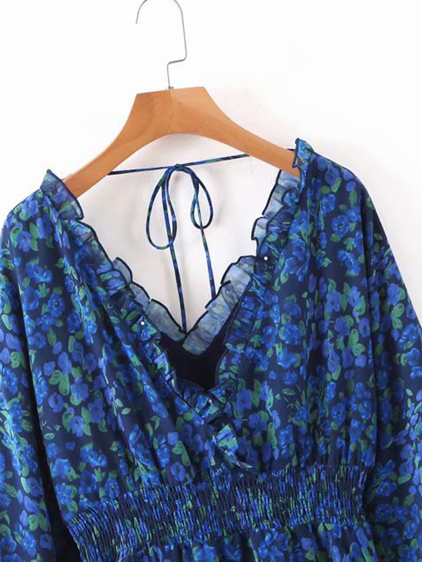 V Neck Long Sleeve Mini Dress With Frill Detail In Blue Floral Print