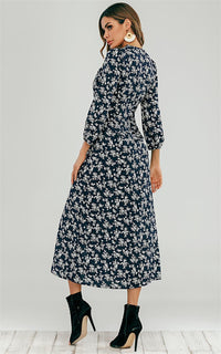 Navy Floral Ditsy Empire Waist Midi Dress