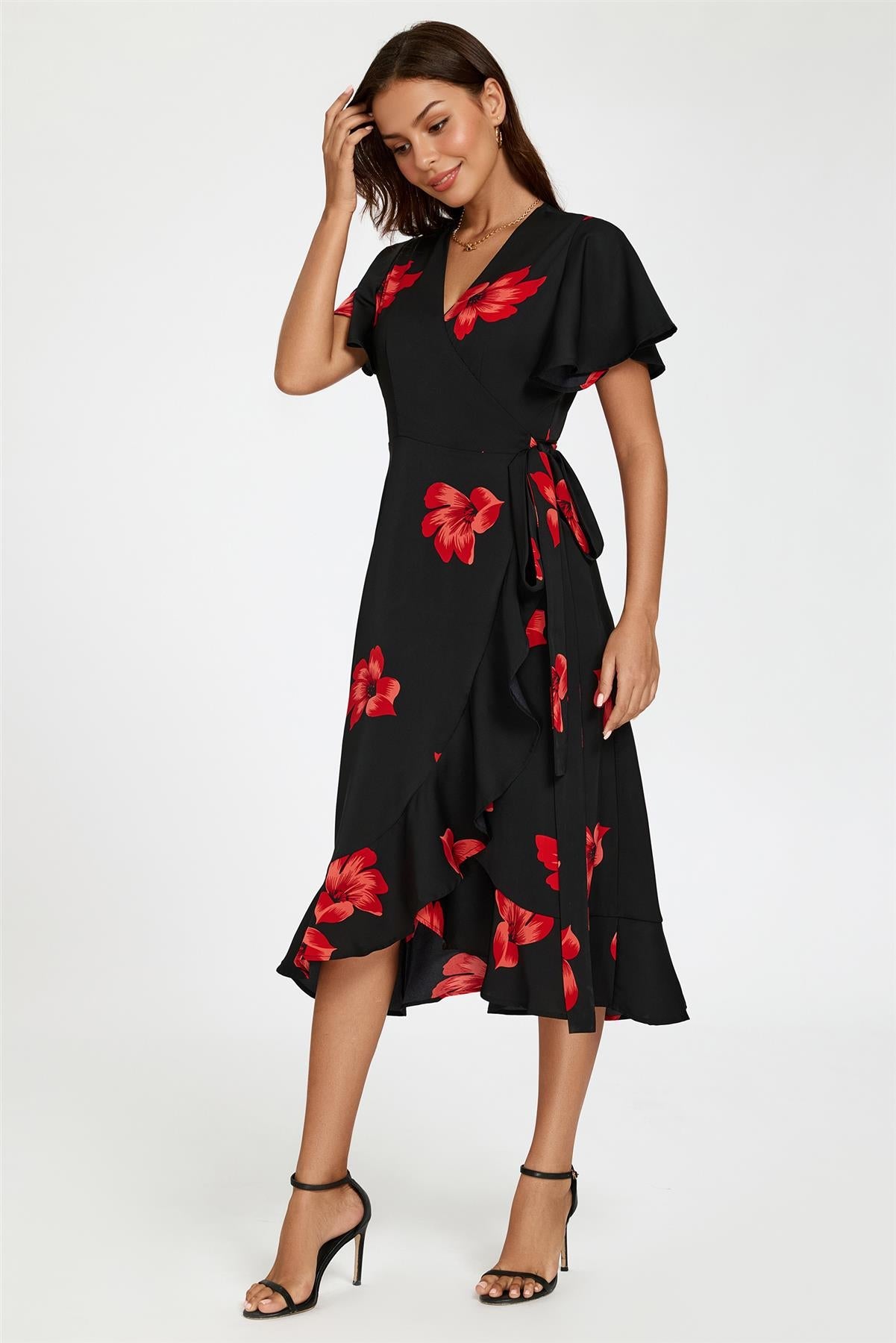 Floral Print Angel Sleeve Wrap Dress In Black
