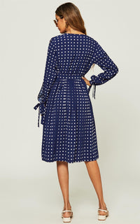 Cold Shoulder Tie Detail Long Sleeve Midi Pleated Dress In Navy Polka Dot