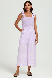 Check Print Tie Detail Jumpsuit In Purple & Pink
