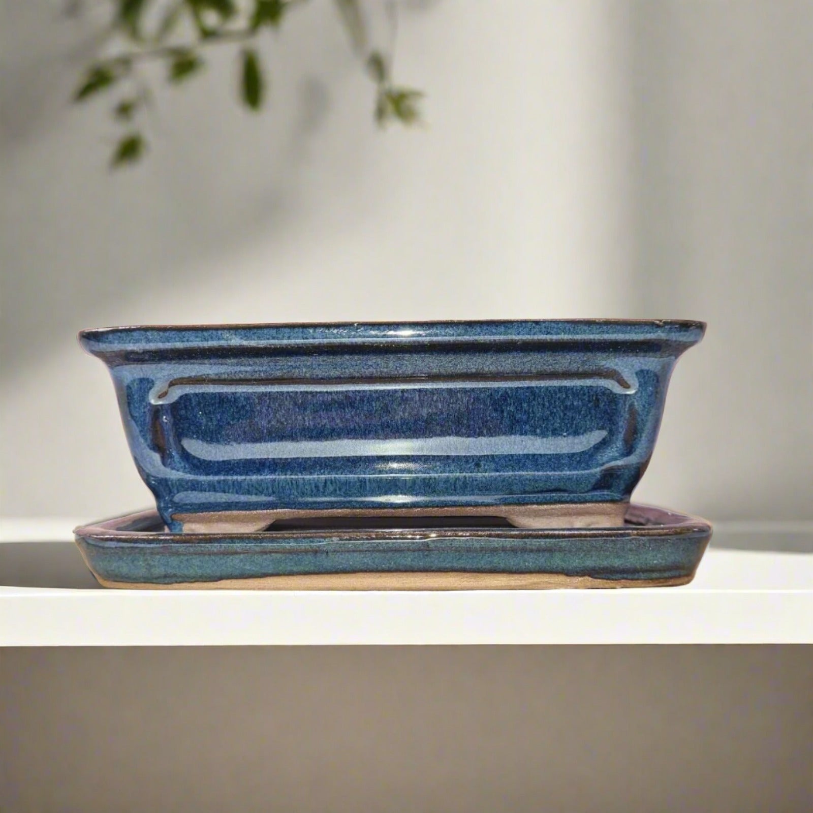 16cm Glazed Bonsai Pot | Rectangle | 16cm x 13cm x 6cm | Blue
