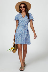 Floral Print Hem Tiered Wrap Mini Dress In Blue