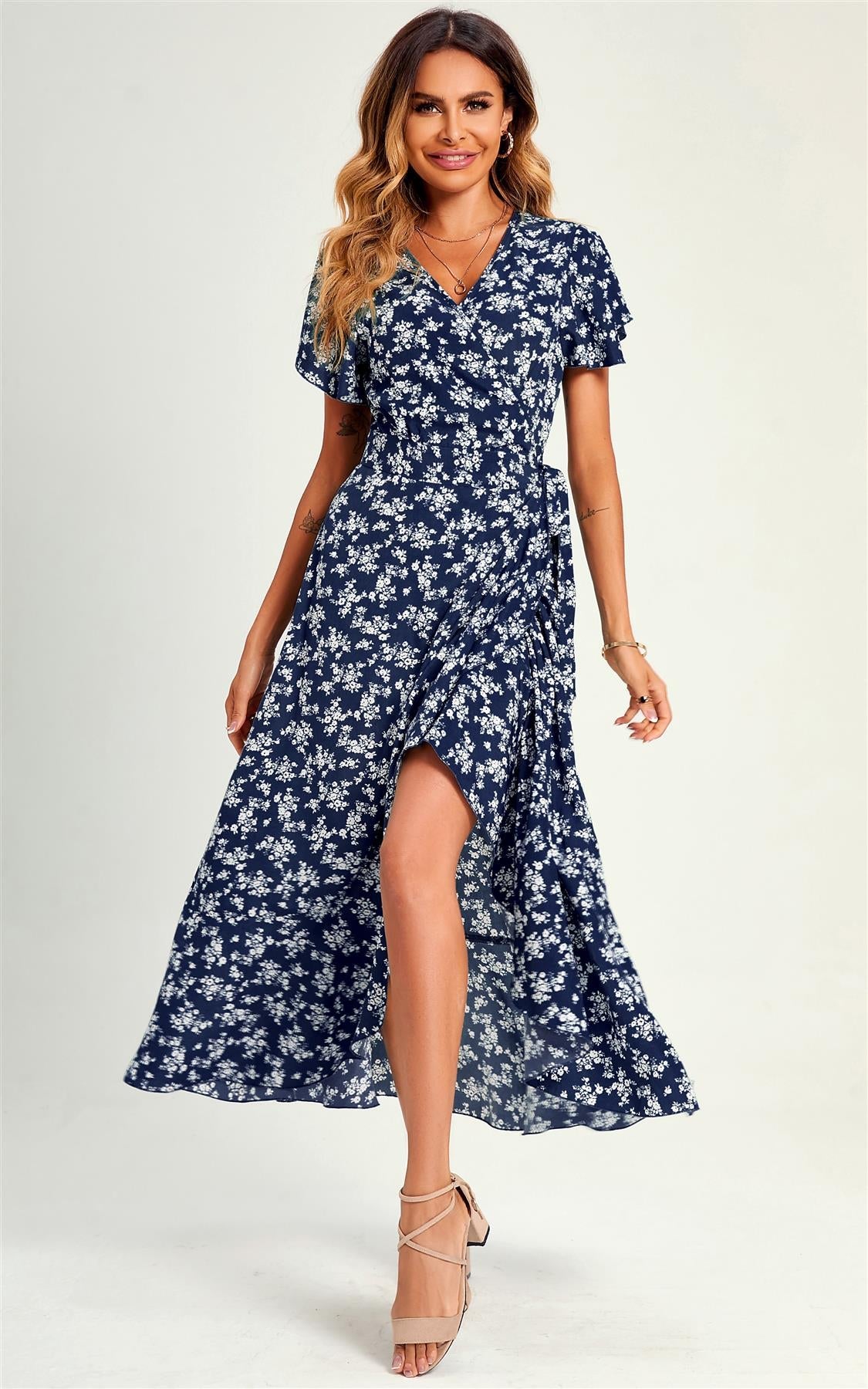 Summer Little Floral Print Hem Wrap Midi Dress In Navy