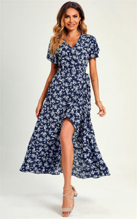 Summer Little Floral Print Hem Wrap Midi Dress In Navy