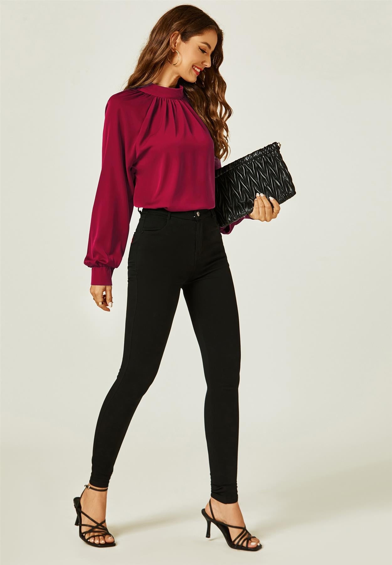 Halter Neck Long Sleeve Blouse Top In Wine Red