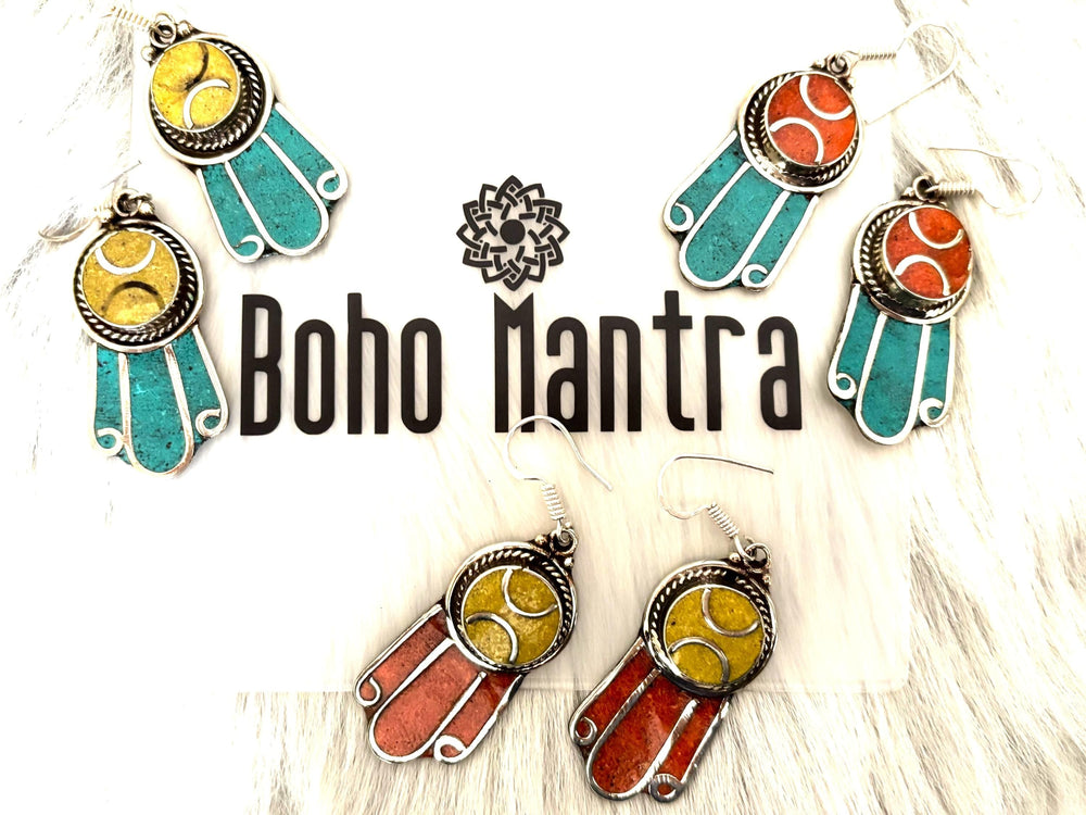 Ethnic Earrings-Nepal Tibet-Natural Stone Jewellery-Silver Stone Earrings.