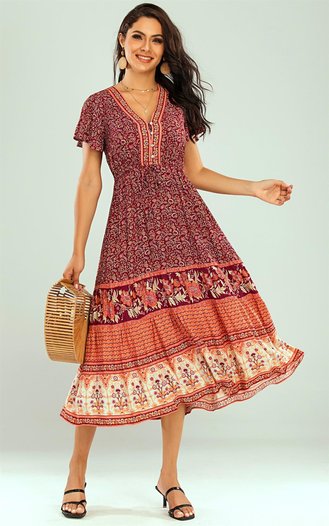 Floral Printed Tiered Midi Dress In Red