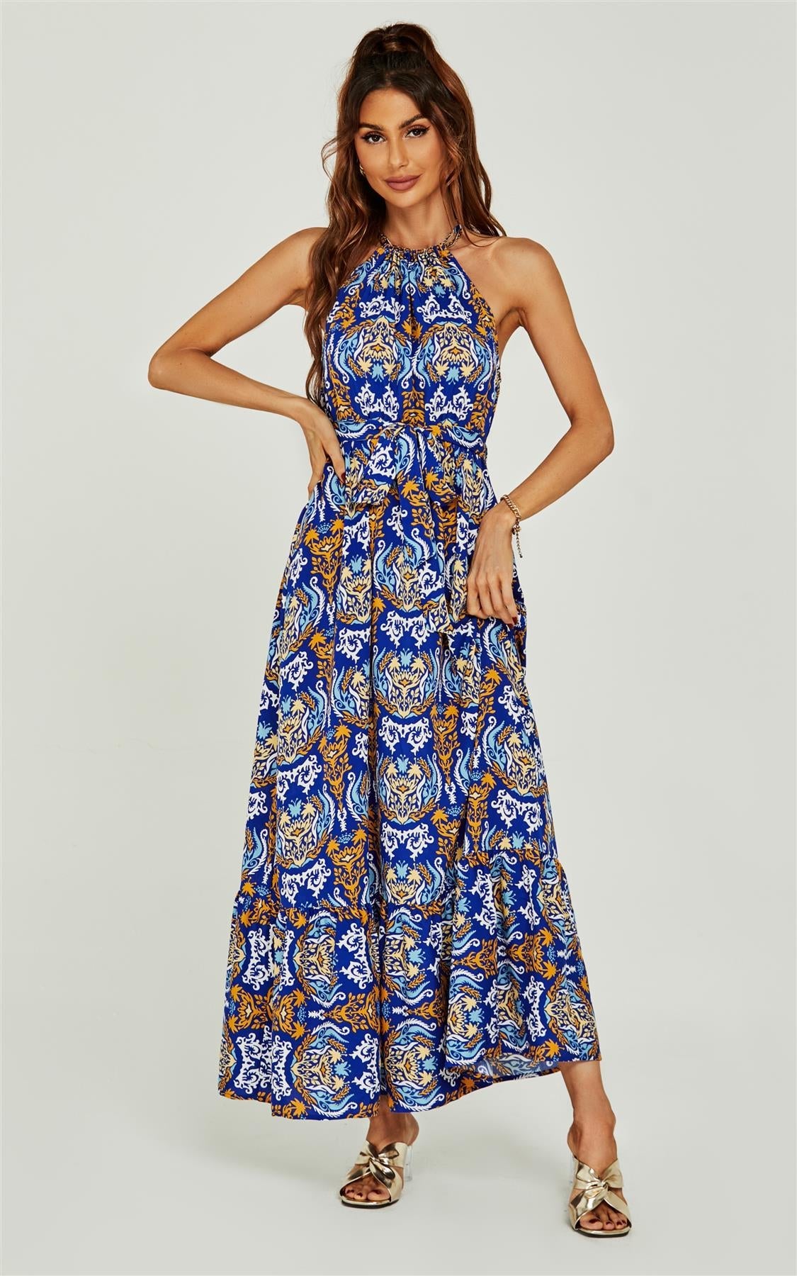 Rose Flora Print Halterneck Tiered Maxi Dress In Royal Blue