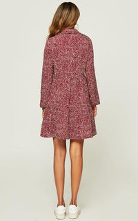 Button Front Long Sleeved Tiered Dress In Dark Red