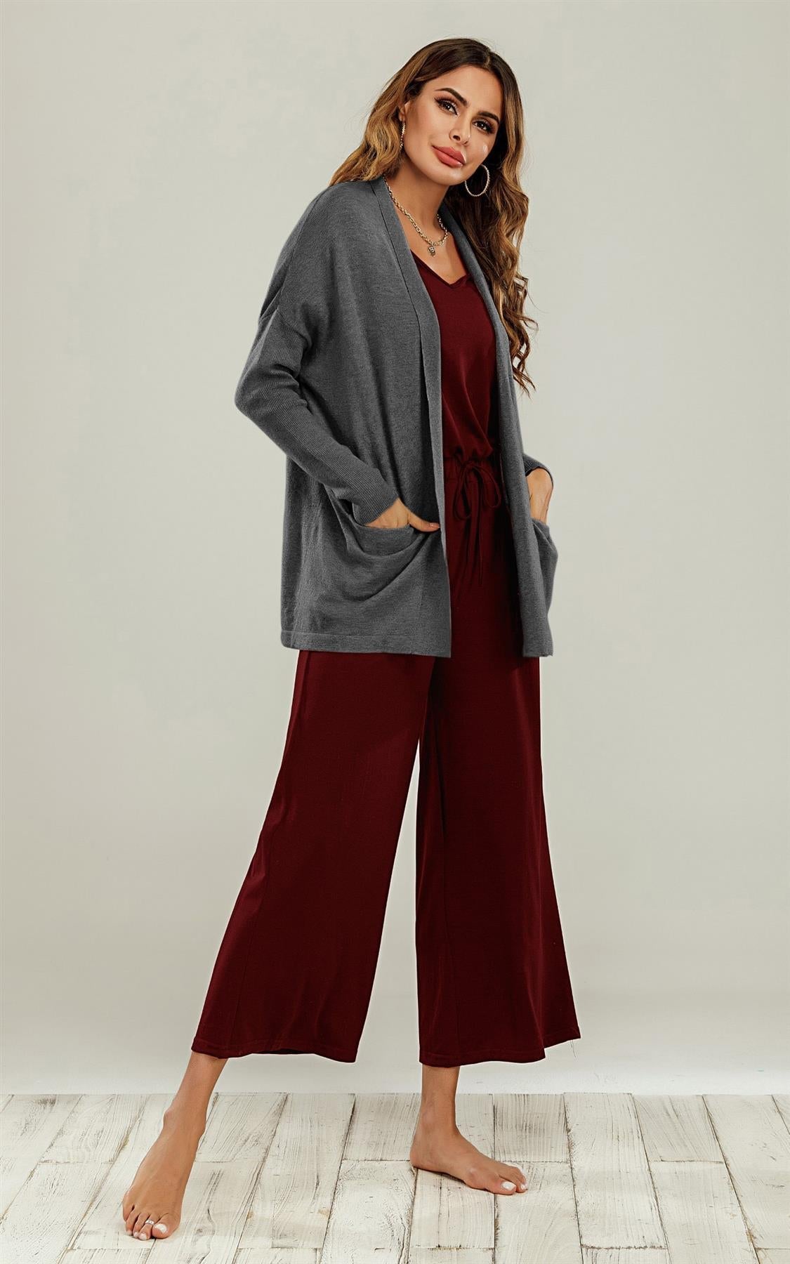 Wool Blend Classic Open Cardigan In Charcoal Grey