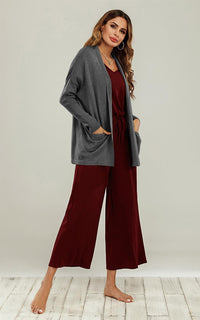 Wool Blend Classic Open Cardigan In Charcoal Grey