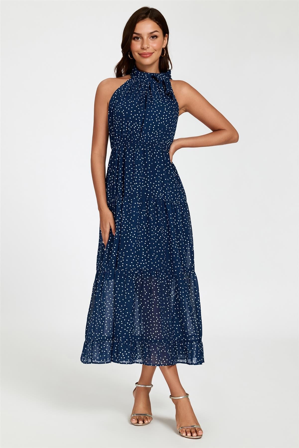 Dot Print Halter Neck Maxi Dress In Navy