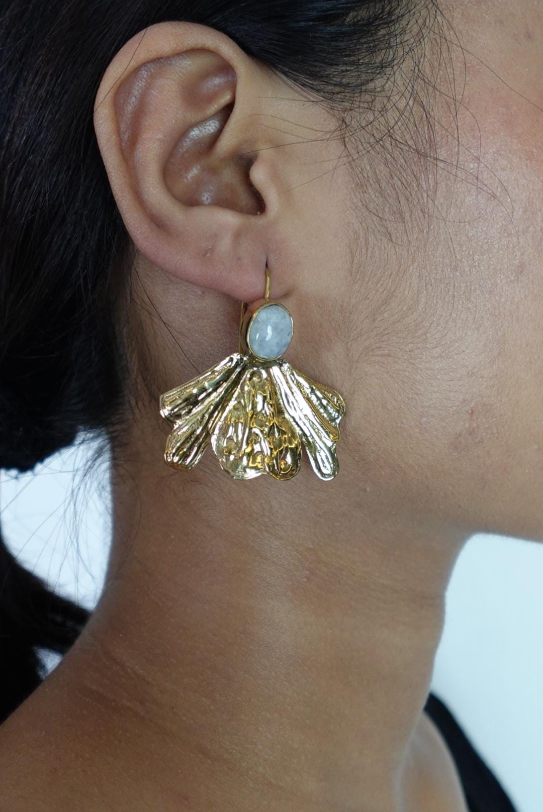 Textured Gold Bloom Earrings with Moonstone/Labradorite Tops – Brass Boho Statement.