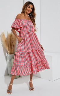 Relaxed Off Shoulder Bardot Frill Midi Dress In Red