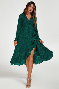 Dot Print Wave Front Frill Wrap Midi Dress In Green