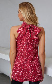 White Star Print Halter Neck Tie Back Top In Red