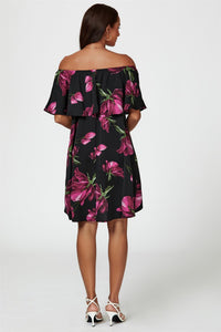 Pink Floral Print Bardot Frill Off Shoulder Mini Dress In Black