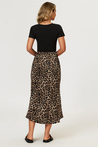 Leopard Print Satin Midi Skirt In Brown