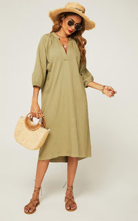 Smock Dress With Long Sleeves In Khaki Green