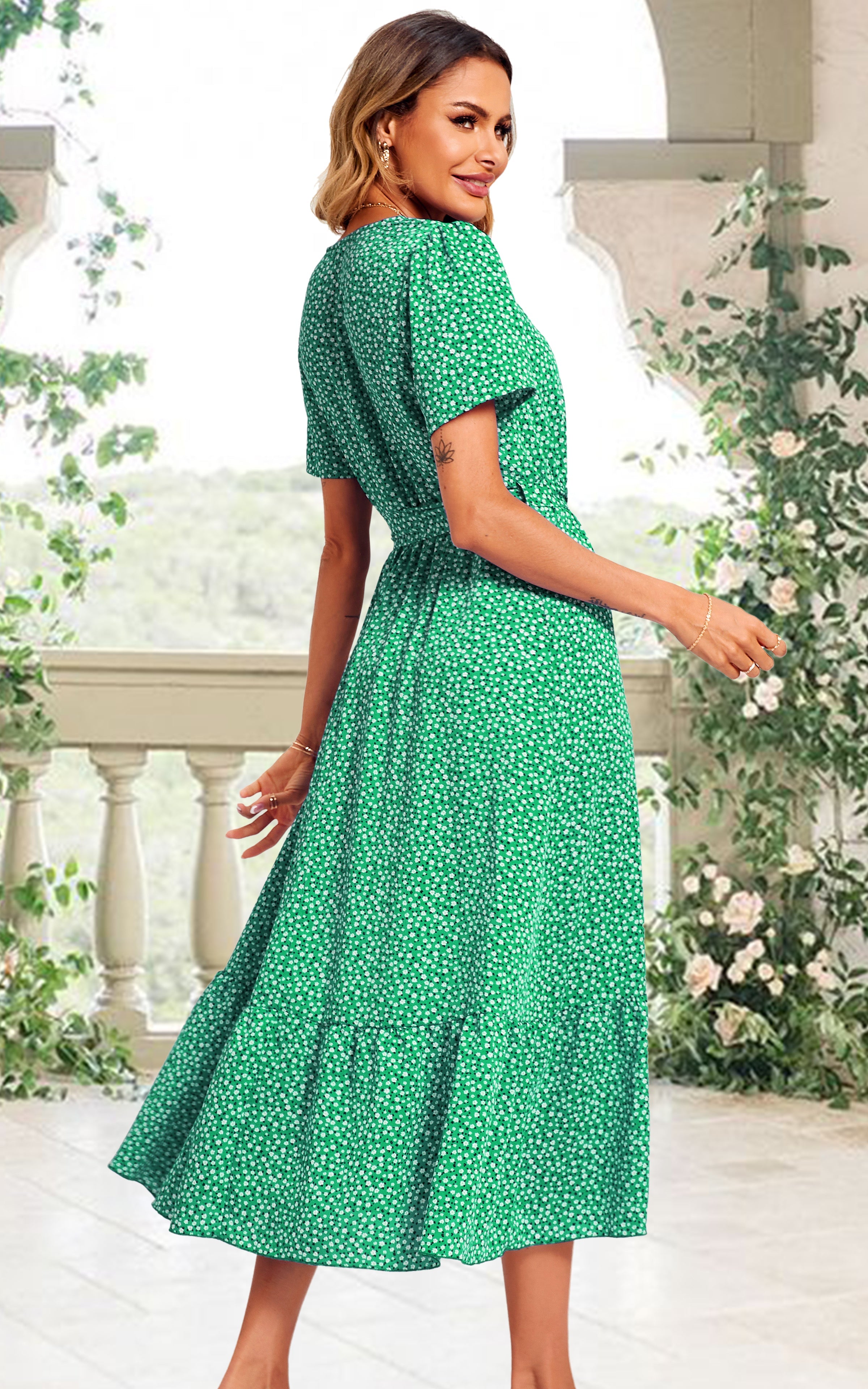 White Little Flower Print Short Sleeve Wrap Style Midi Dress In Green