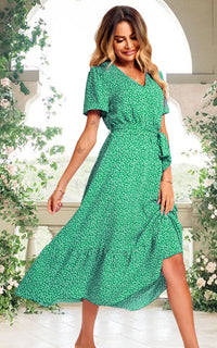 White Little Flower Print Short Sleeve Wrap Style Midi Dress In Green