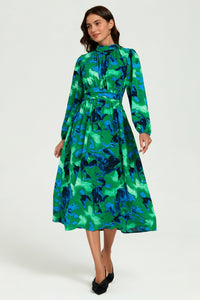 Abstract Floral Print Long Sleeve Midi Dress In Green