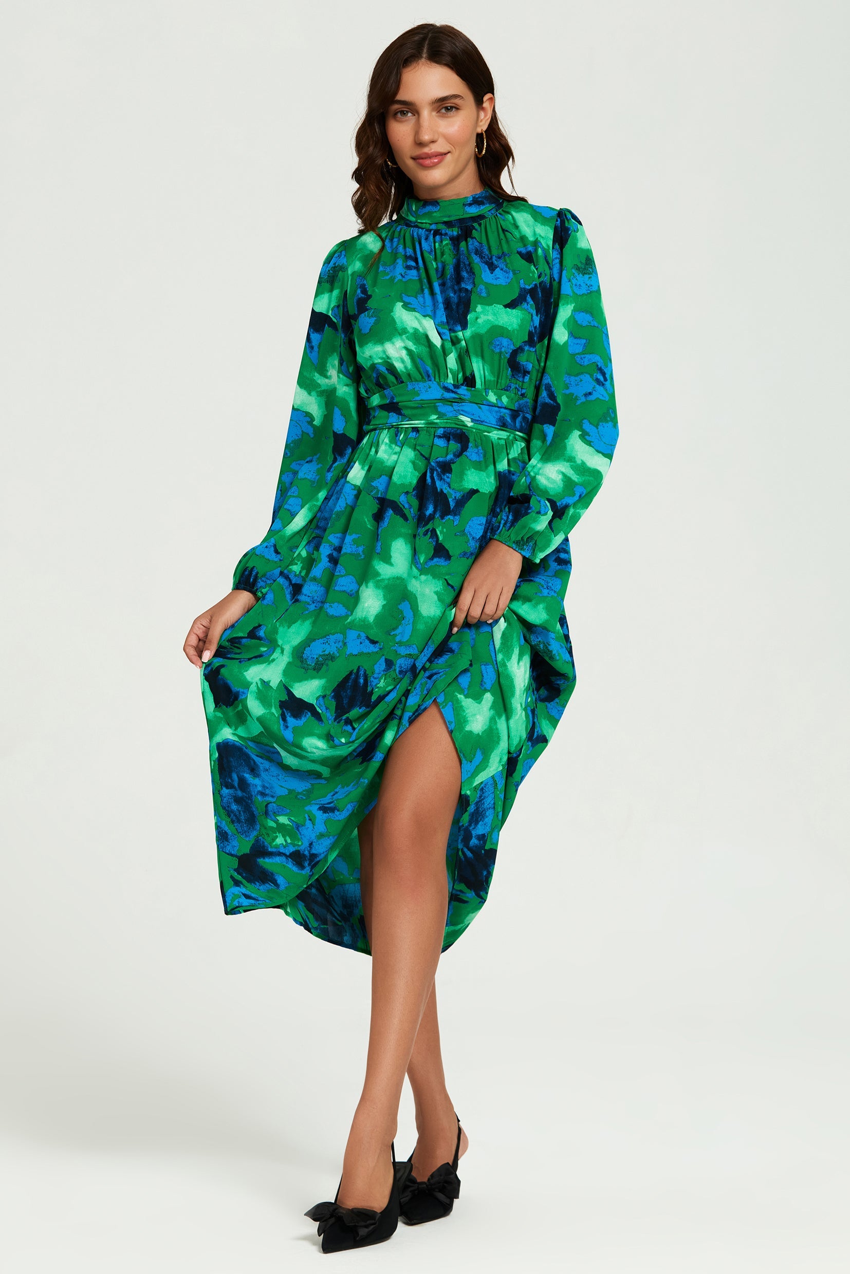 Abstract Floral Print Long Sleeve Midi Dress In Green
