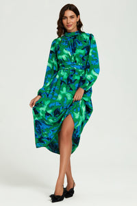 Abstract Floral Print Long Sleeve Midi Dress In Green