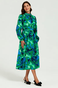 Abstract Floral Print Long Sleeve Midi Dress In Green