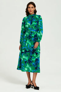 Abstract Floral Print Long Sleeve Midi Dress In Green