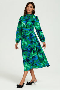 Abstract Floral Print Long Sleeve Midi Dress In Green