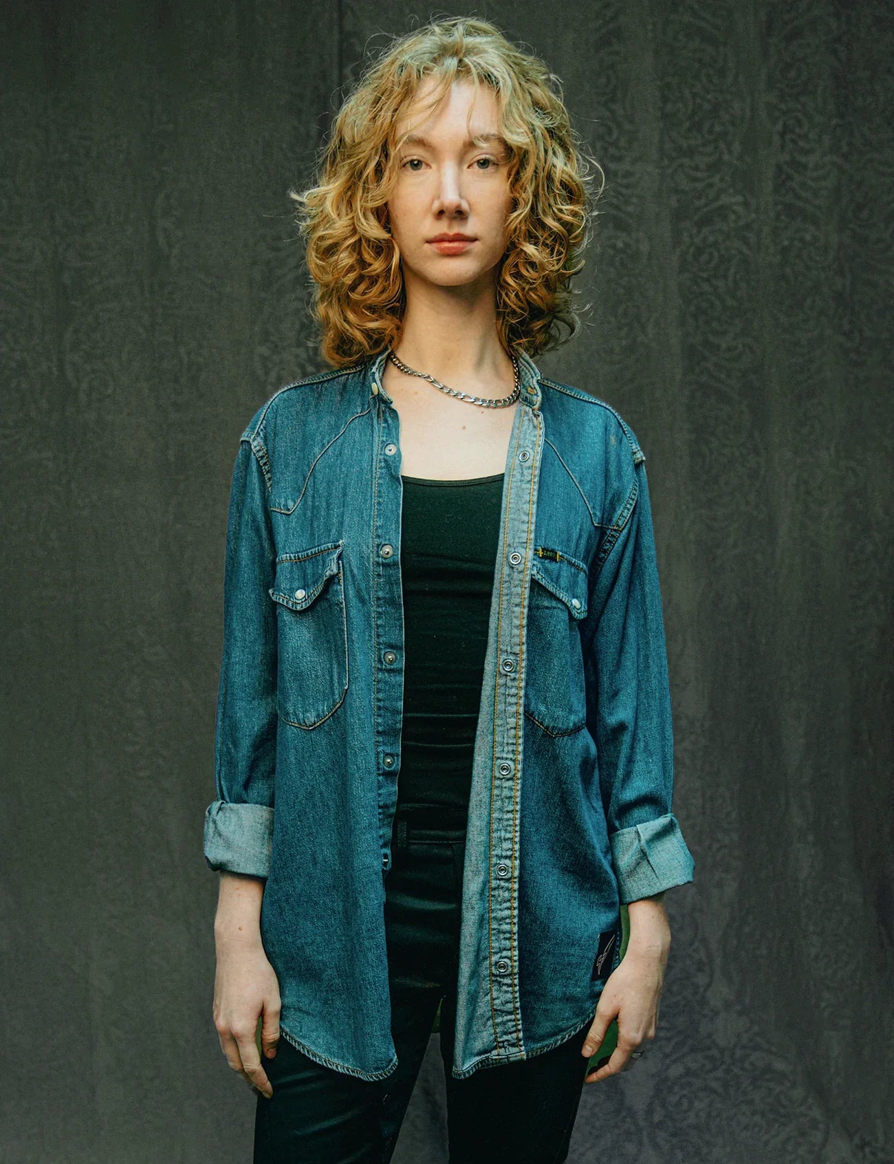 Party Back Shirt - Black Sequin - Blue Denim