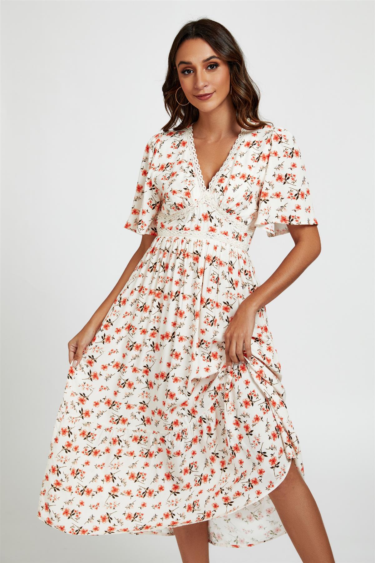 Red Floral Print Lace Detail Angel Sleeve Midi Dress In Cream