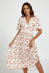 Red Floral Print Lace Detail Angel Sleeve Midi Dress In Cream