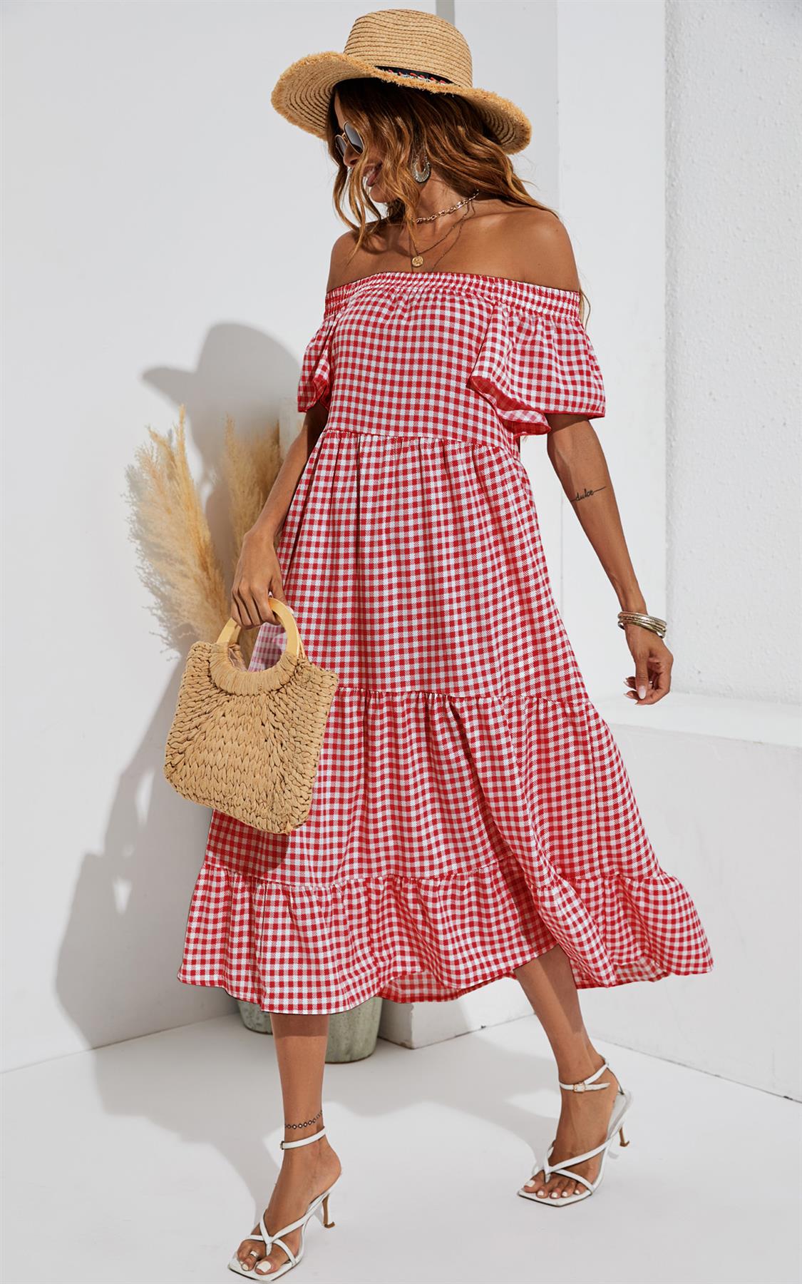 Relaxed Off Shoulder Bardot Frill Midi Dress In Red