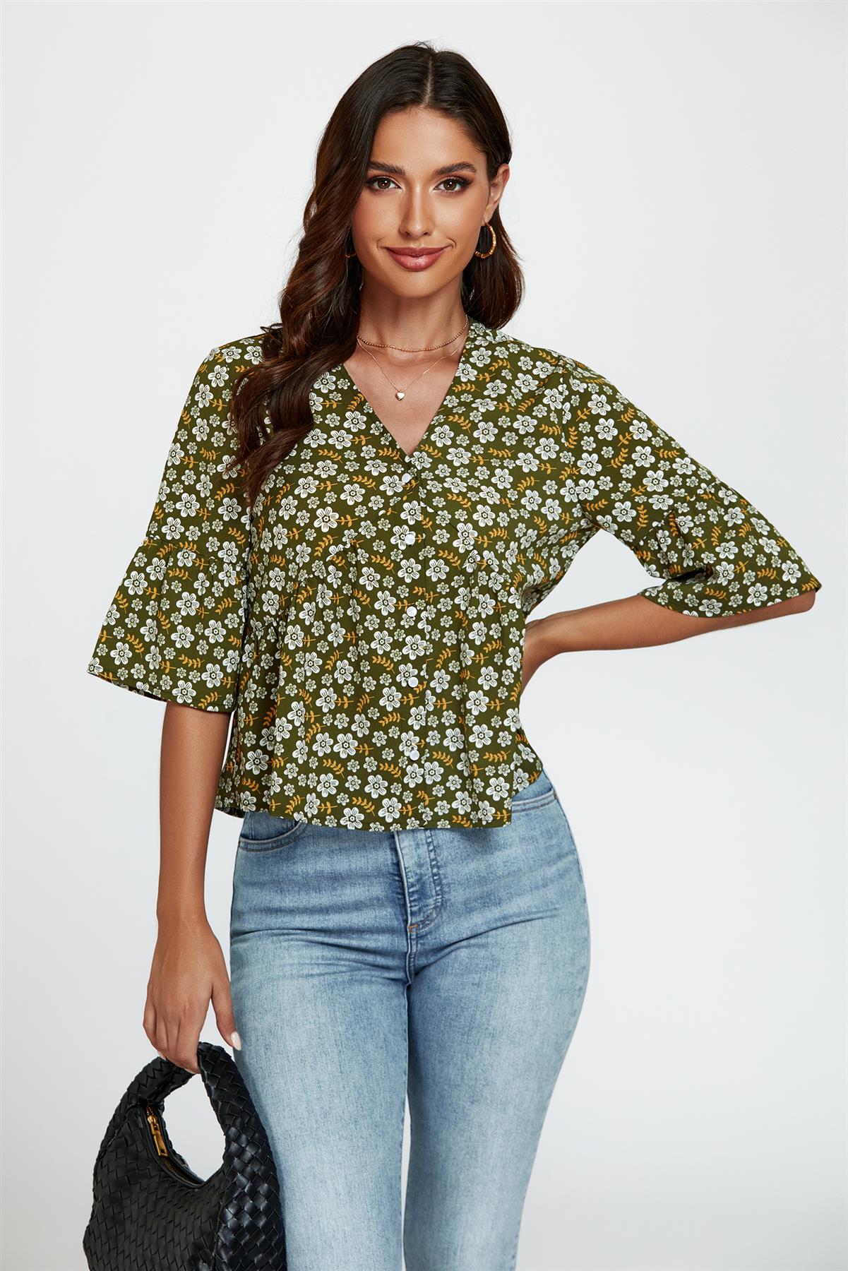 Floral Print Short Sleeves Crop Top In Olive