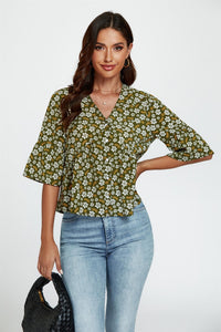 Floral Print Short Sleeves Crop Top In Olive