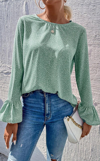 Polka Dot Frill Detail Cuff Top In Green