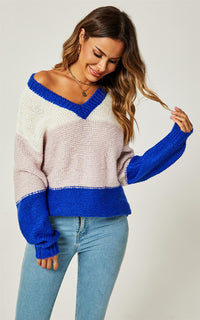 Stripe Block Colour Relaxed Knit Jumper Top In Blue & White