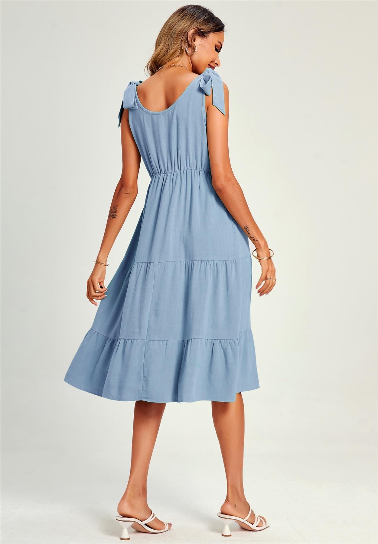 Relaxed Linen Self Tie Shoulder Tiered Midi Dress In Light Blue