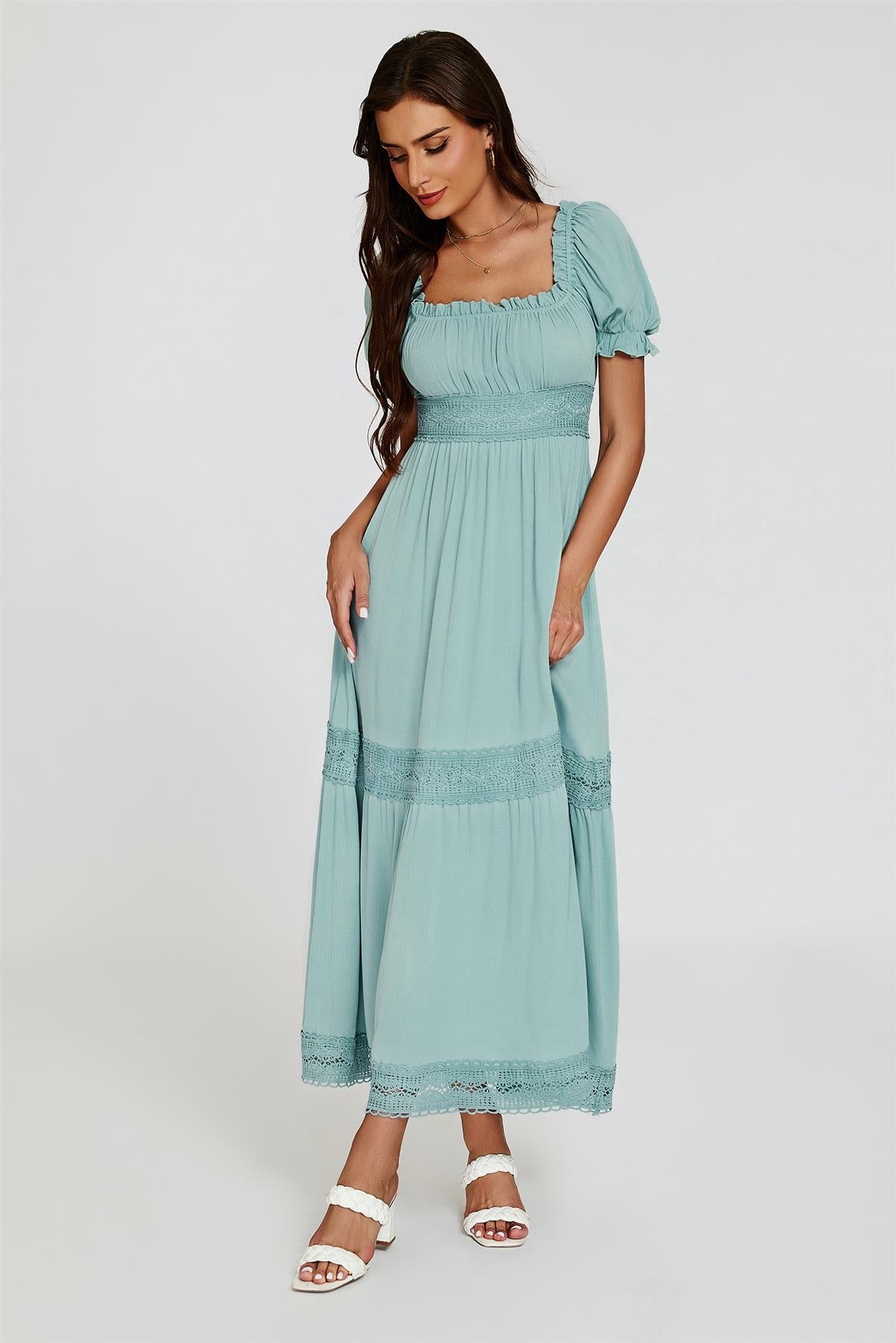 Lace Detail Bardot Maxi Dress In Blue