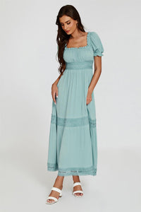 Lace Detail Bardot Maxi Dress In Blue