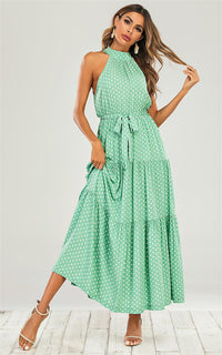 Mint Green Halter Neck White Polka Dot Midi Layer Dress