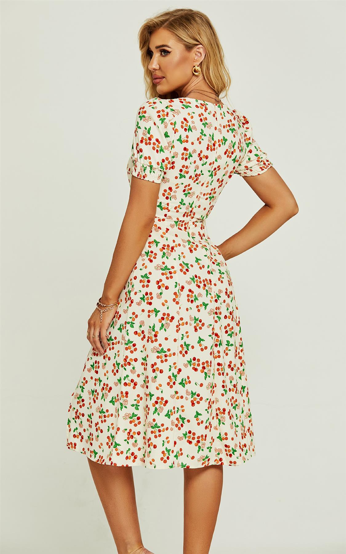 Red Cherry Print Tie Front Slip Leg Dress In Beige