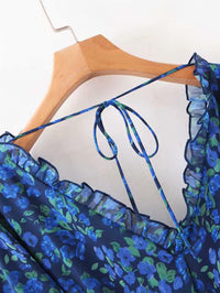 V Neck Long Sleeve Mini Dress With Frill Detail In Blue Floral Print