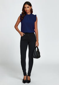 Frill Trim Sleeve Frill Neck Blouse Top In Navy