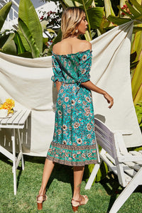 Floral Print Boho Bardot Midi Dress In Green