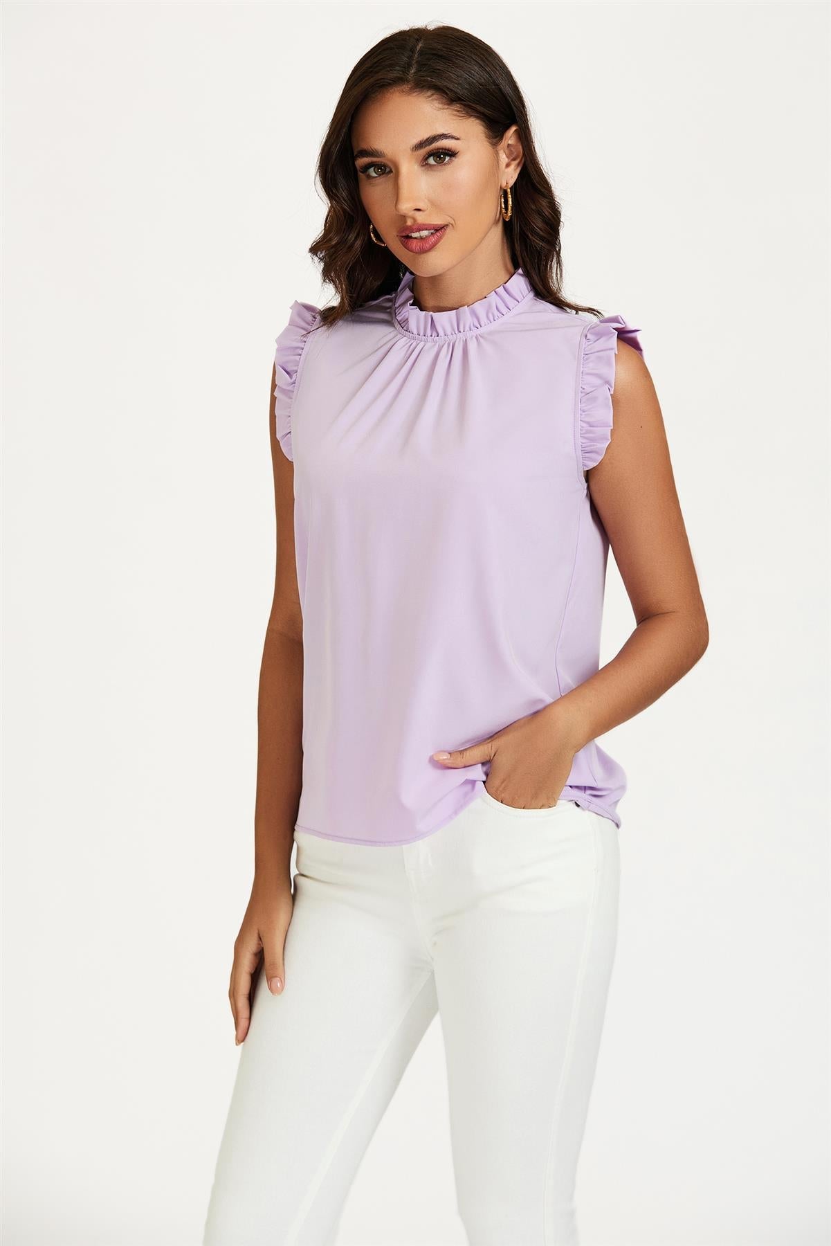 Frill Trim Sleeve Frill Neck Blouse Top In Light Purple