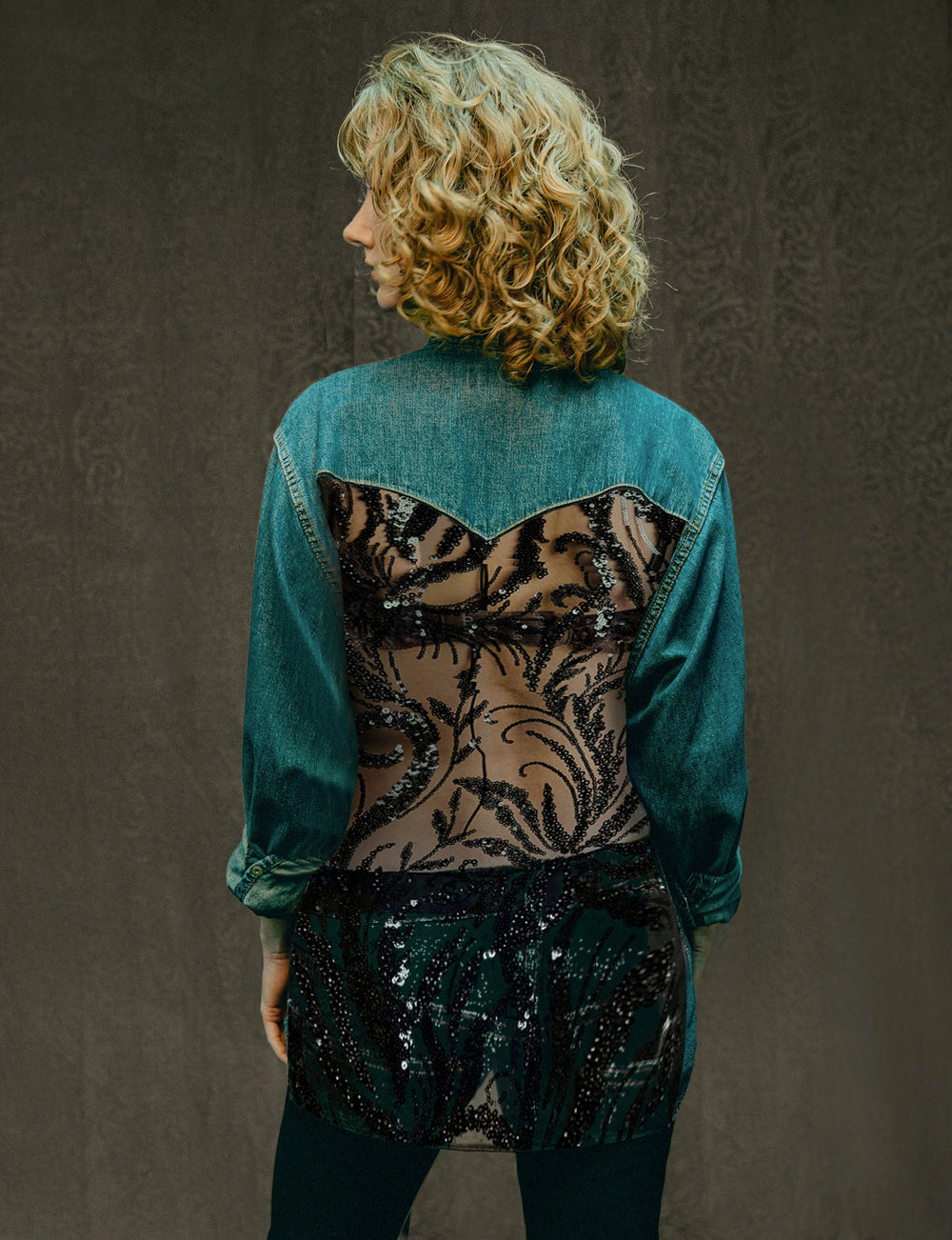 Party Back Shirt - Black Sequin - Blue Denim